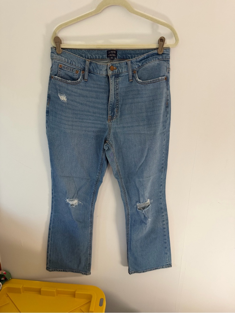 J. Crew Light Blue Flare cropped Jeans with Distressed Knees mid-raise
